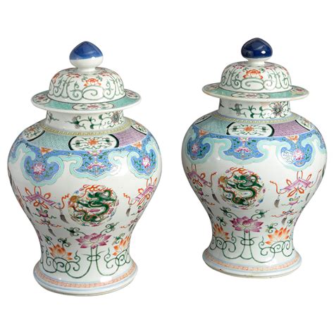 Pair Of Vintage Famille Rose Miniature Porcelain Ginger Jars Ornamental