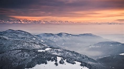 1920x1080 Winter Evening Mountains Alps Snow Hills Trees Fog