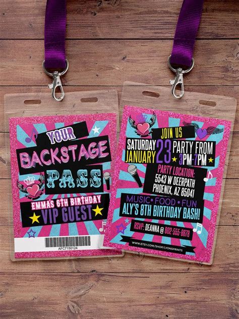 Retro Neon VIP PASS Backstage Pass Vip Invitation By LyonsPrints Rockstar Birthday Party Rock