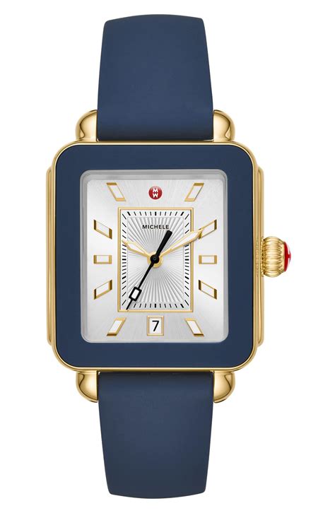 Michele Deco Sport Watch Head And Silicone Strap In Blue Silver Gold