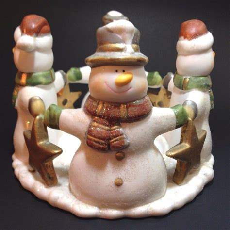 Snowman Candle Holder Ceramic Pillar Christmas Winter Stars Holds 3