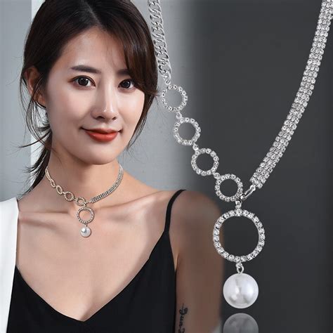 Long Necklaces For Women Fashion Crystal Round Simulated Pearl Choker