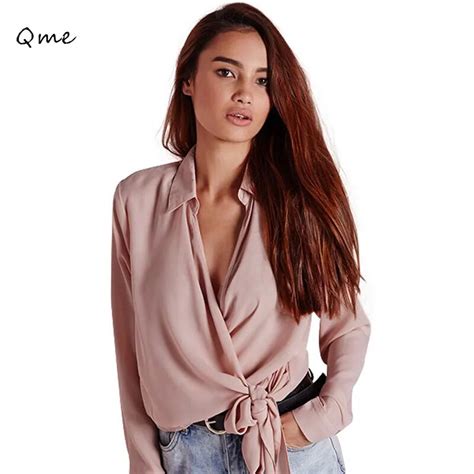 Womens Shirts Long Sleeve Blouse Tie Up Nude Color Shirts Deep V Neck