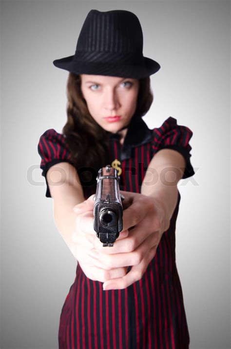 Woman Gangster With Handgun On White Stock Image Colourbox