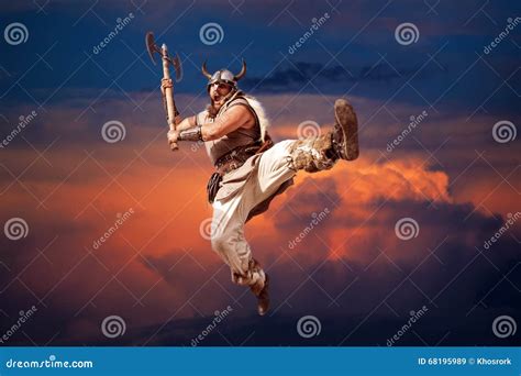 Crazy Strong Viking Attacking From Sky Sunset Stock Image Image Of