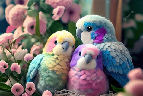 Premium Photo Cute Colorful Parrots On A Background Of Flowers