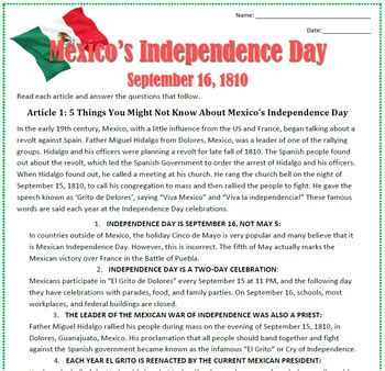 History Of Mexico S Independence Day Reading Sub Plan TpT