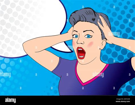 Surprised Woman Face Pop Art Style Look And Open Mouth Speech And