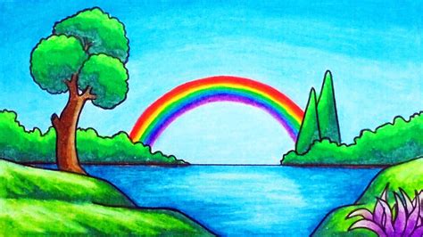 How To Draw Easy Scenery Drawing Rainbow Over The Lake Scenery Step