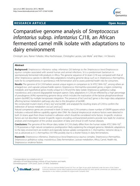 pdf comparative genome analysis of streptococcus infantarius subsp infantarius cj18 an