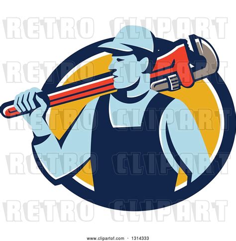 Vector Clip Art Of Retro Male Plumber Holding A Giant Monkey Wrench