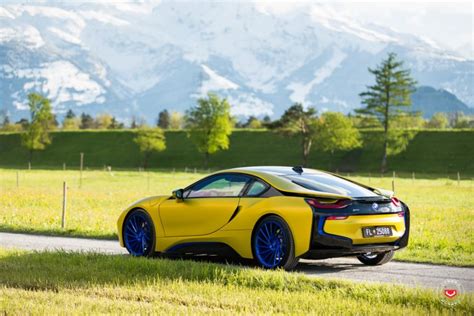 Color Therapy: Matte Yellow BMW i8 on Blue Wheels