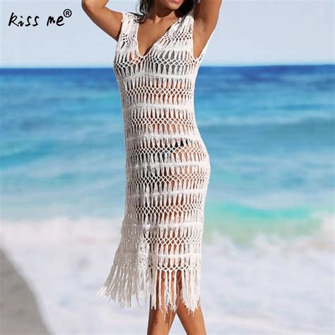 Deep V Tassels Swimming Cover Ups See Through Hollow Out Pareo Beach Cover Up Dress Swimwear