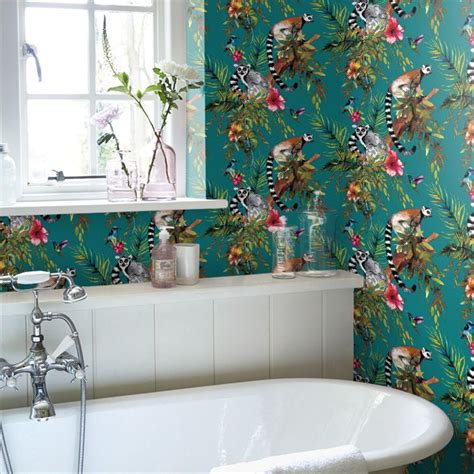 Teal blue manages to be its own color and still come in a variety of its own shades, whether they are more teal greens or more cloudy, dark teals. Madagascar Wallpaper Teal in 2021 | Brown bathroom decor ...