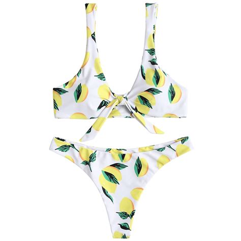 2018 Women High Waist Padded Bikini Set Wire Free Knot Lemon Print
