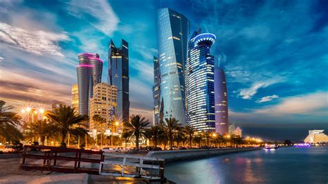 Doha Landmark Skyline Evening Skyscrapers 4k Qatar Metropolis