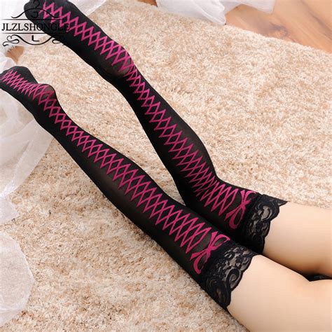 Sexy Stockings Women Transparent Thigh High Stockings Black Lace Top Straps Bow Printing Over