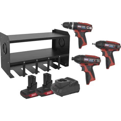 Sealey 12v Cordless 3 Piece Power Tool Kit And Storage Rack Power