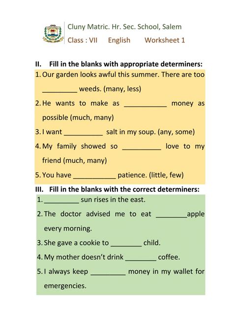 class 7 english 1 determinants worksheet