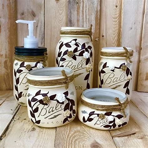 Tips on how to style a modern bathroom using vintage distressed decor pieces. Cottage Chic Ivory Painted Mason Jar Bathroom Accessory ...