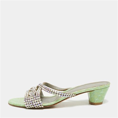 Gina Greenpurple Croc Embossed Patent Leather Crystal Embellished Slide Sandals Size 395 Gina