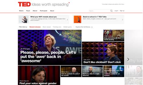Ted talk, ideas worth spreading. http://www.ted.com - different sizes of videos on homepage ...