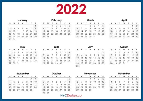 2022 Calendar Printable Free Horizontal Blue Hd Sunday Start Printable Things