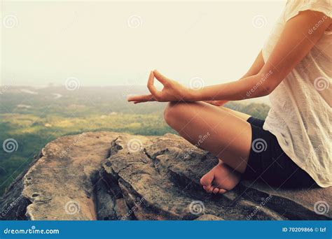 Woman Practice Yoga At Mountain Peak Cliff Stock Photo Image Of