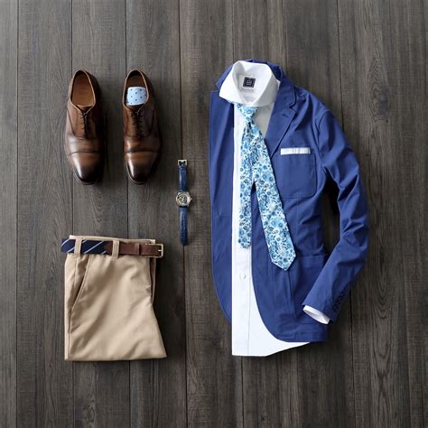 Business Casual With Blue Blazer White Oxford Shirt Blue Floral Tie Tan