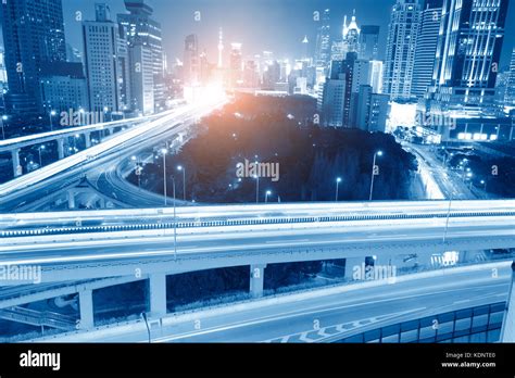 Shanghai Elevated Road Junction And Interchange Overpass At Night Stock