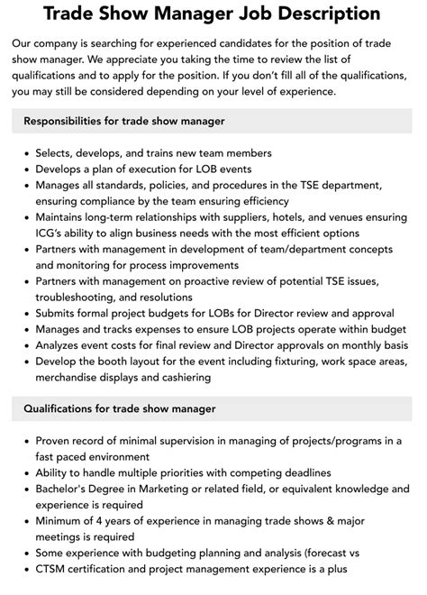 Trade Show Manager Job Description Velvet Jobs