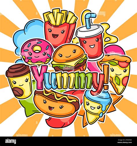 Background With Cute Kawaii Fast Food Meal Tasty Characters Of