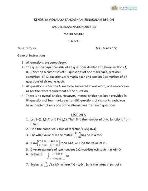Cbse Class Mathematics Exam Question Paper Eduvark