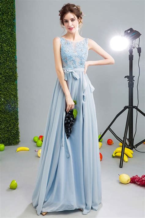 Blue A Line Scoop Neck Floor Length Chiffon Formal Dress With Appliques
