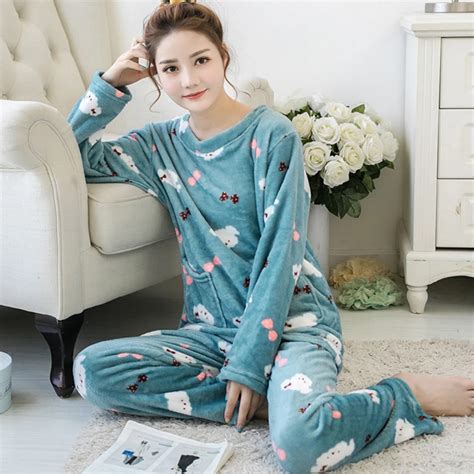 Winter New Thick Warm Coral Fleece Women Pajamas Set Cute Nightgown Sleepwear Suit Pyjama