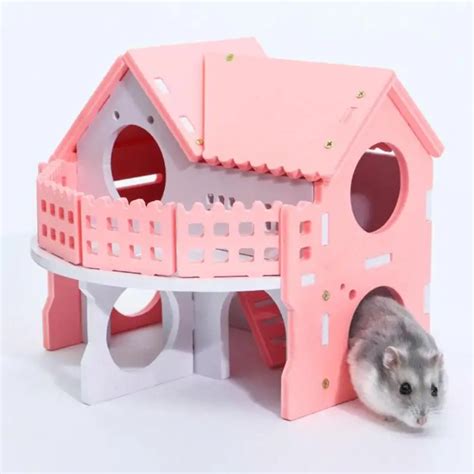 Hamster Double Storey House Natural Wooden Luxury Mice Toy Cage Small