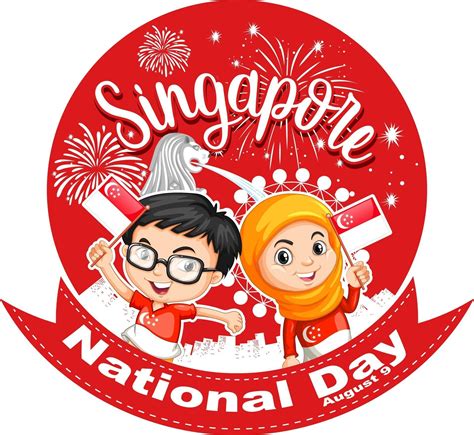 Singapore National Day With Children Hold Singapore Flag Cartoon