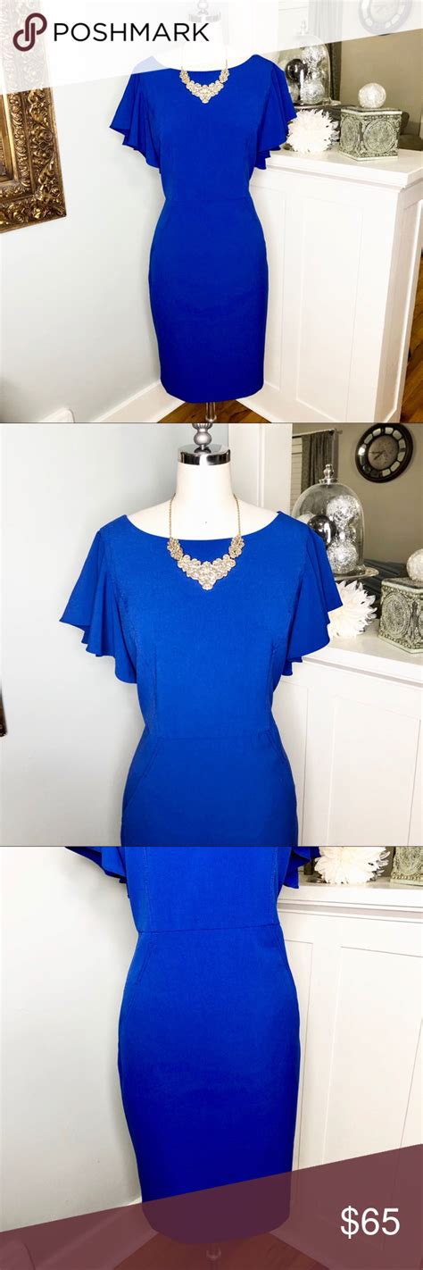 Calvin Klein Blue Ruffled Sheath Dress W Pockets Sheath Dress