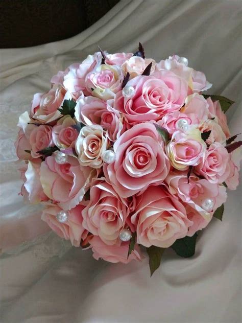 Soft Pink Rose Bouquet With Rhinestone Encrusted Pearls Etsy Bridal