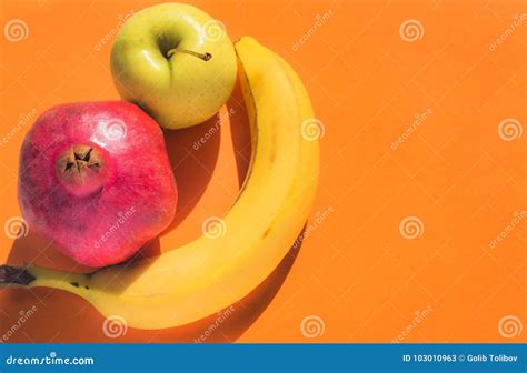 Fruits Set Apple Banana And Pomegranate On Left Side Of Orange
