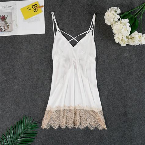 Sexy Camisole Lace Satin Mini Nighdress V Neck Solid Color Backless Lace Nightdress Ladies