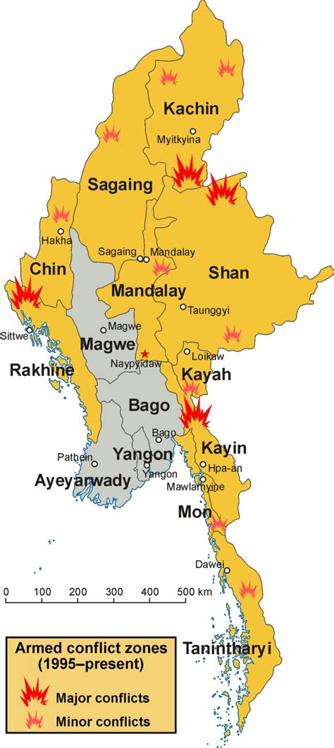 Map Of Armed Conflict Zones In Myanmar Burma States And Regions