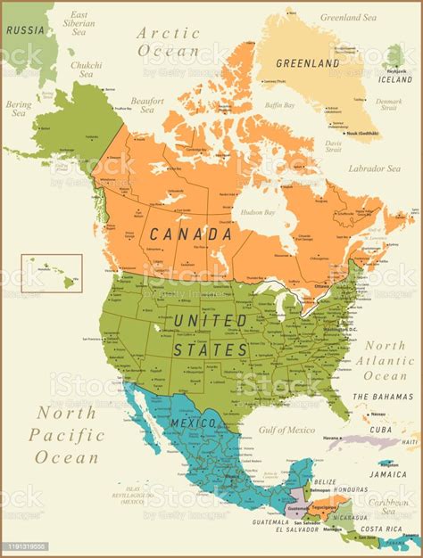 North America Map Vintage Illustration With Canada United States And