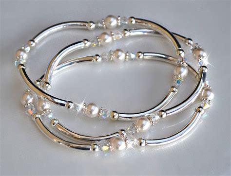 Crystal Bangle Silver Bangle Bracelets Bangle Set Crystal Pearls