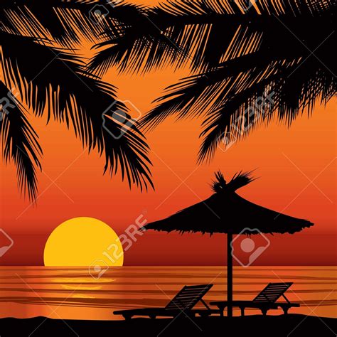 Stock Photo | Paisaje vector, Atardecer en la playa y Palmeras