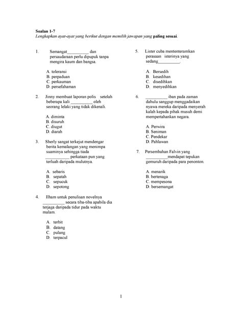 Ujian akhir tahun bahasa melayu tingkatan 2 set1 - Soalan 1- Lengkapkan