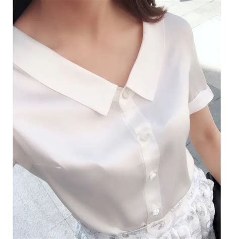deva fashion solid white silk women blouses summer short sleeve unique collar design v neck ol