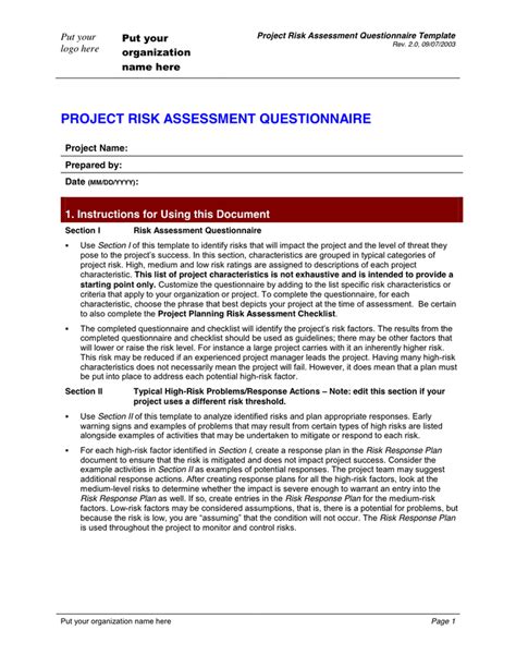 Risk Assessment Questionnaire Template In Word And Pd