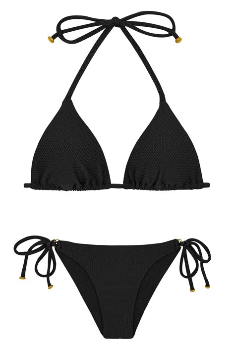 Textured Triangle Black Bikini With Golden Details Duna Tri Preto Rio De Sol