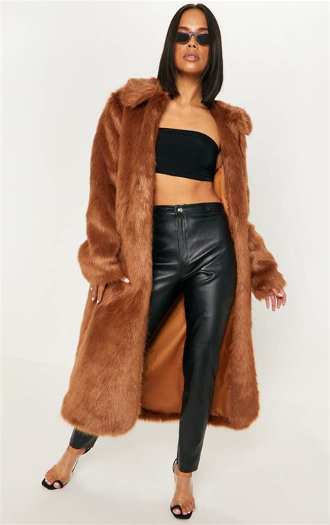 Brown Maxi Faux Fur Coat Coats And Jackets Prettylittlething Ca